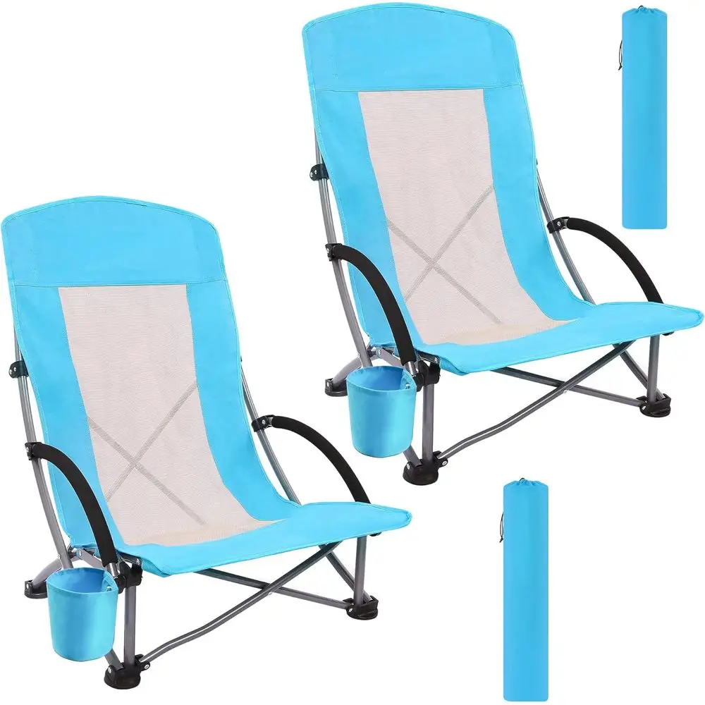 Outdoor Camping High Chair - Taşınabilir 2'li Paket Mavi Plaj Sandalyeleri,