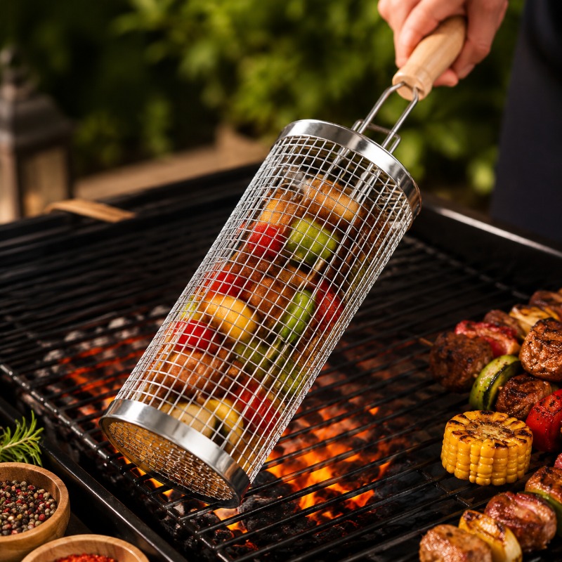 Outdoor Camping Grill - Yuvarlak Barbekü Izgara Sepeti Seti Paslanmaz